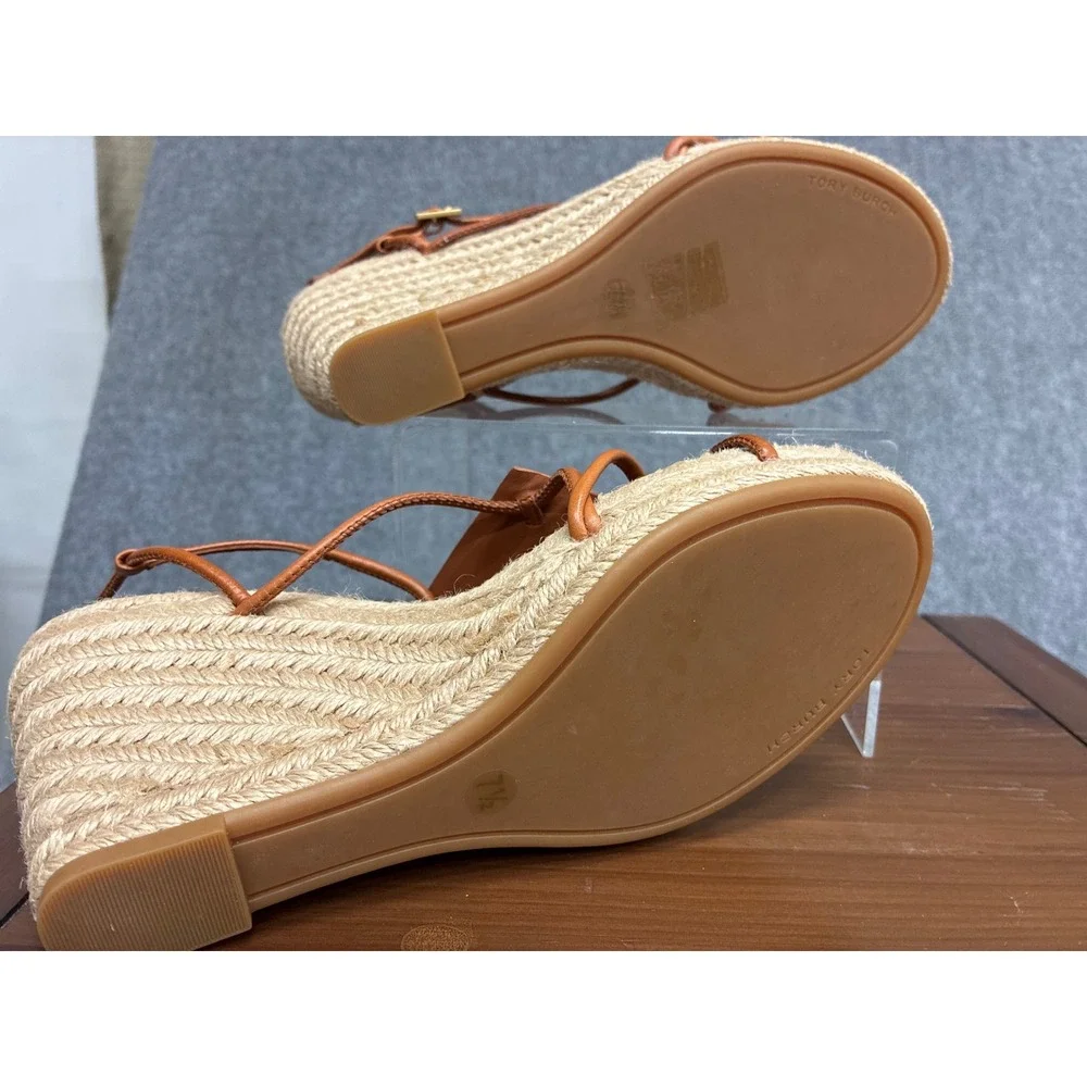 Tory Burch Tan Leather Strappy Espadrille Wedge Sandals Size 7.5 NEW